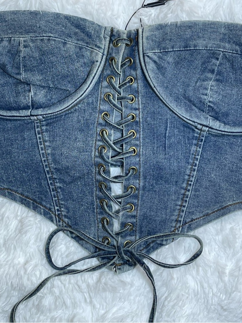 Fashion Nova Women’s MediumWash Denim Lace-Up Corset Crop Top Size XL NWT - Picture 9 of 10